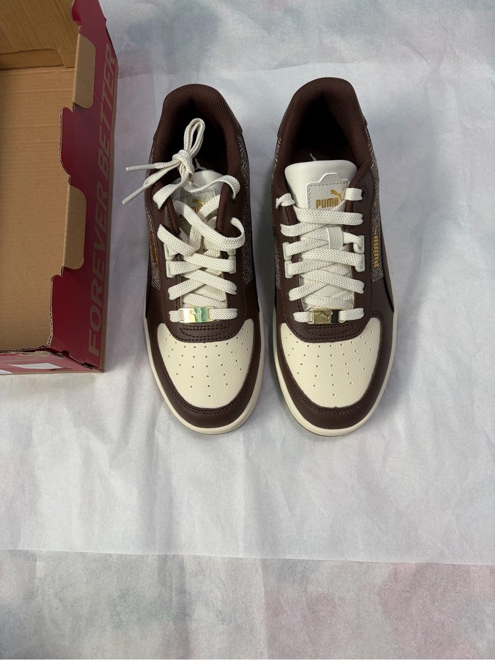 Puma Brown & Cream Low-Top Sneakers with Gold Accents